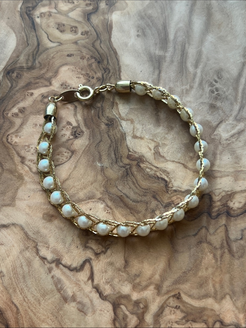 Vintage Trifari Gold-Tone Woven Bracelet with Cream Faux Pearl Beads: small
